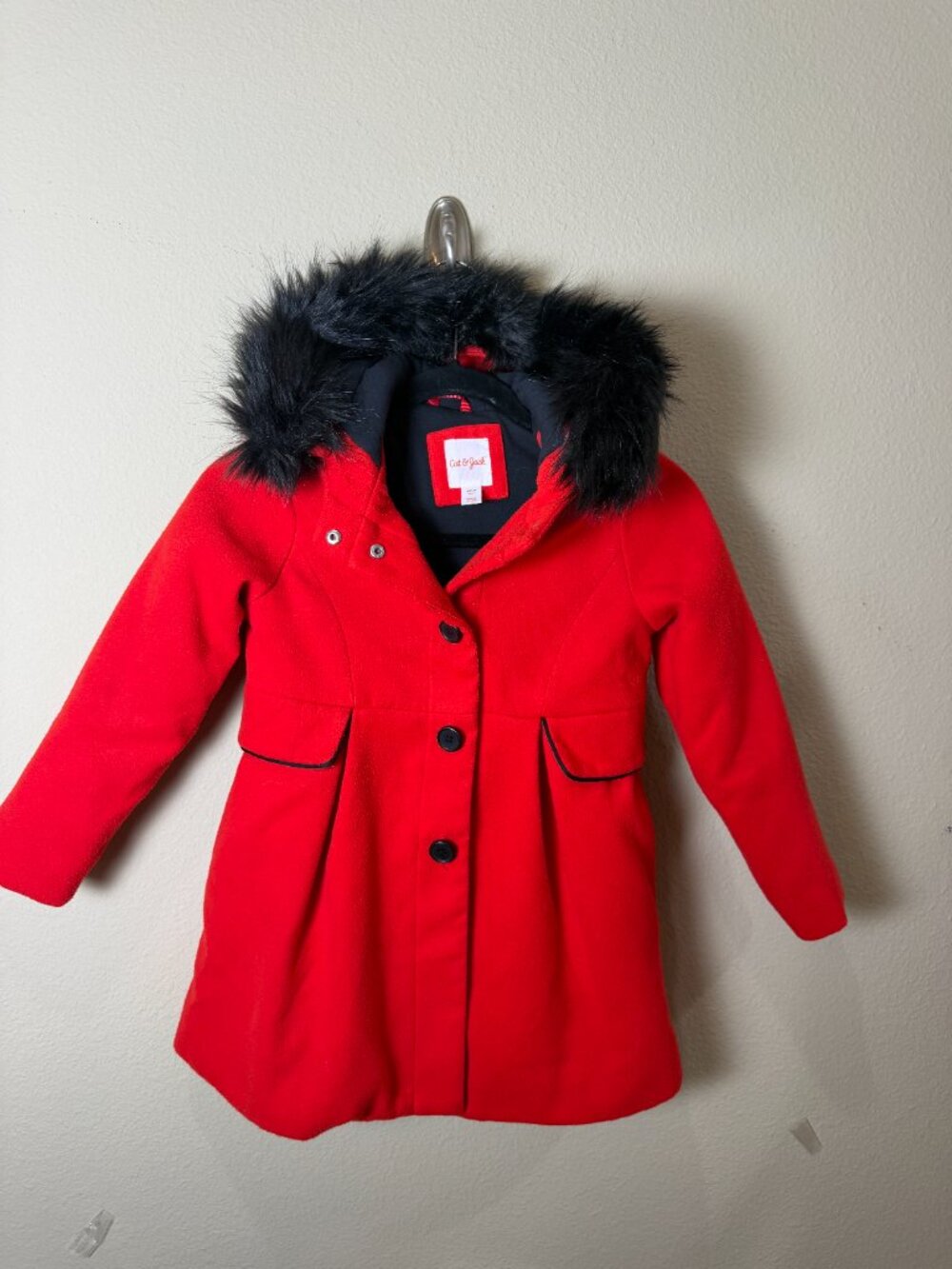 Cat & Jack Red Coat with Fur Trim & Black Piping Size 6X/7
